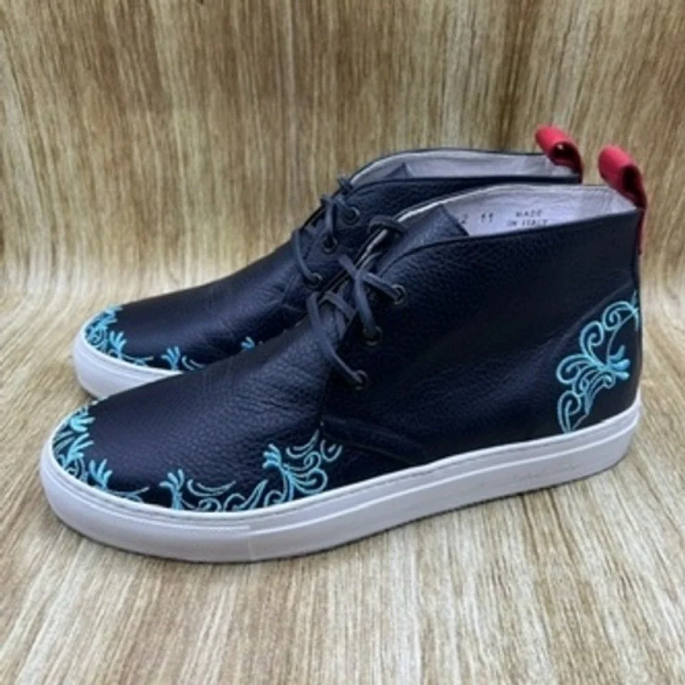 Del Toro Chukka‎ Boots Men's Size 11 Black Blue Floral Embroidery Made in Italy